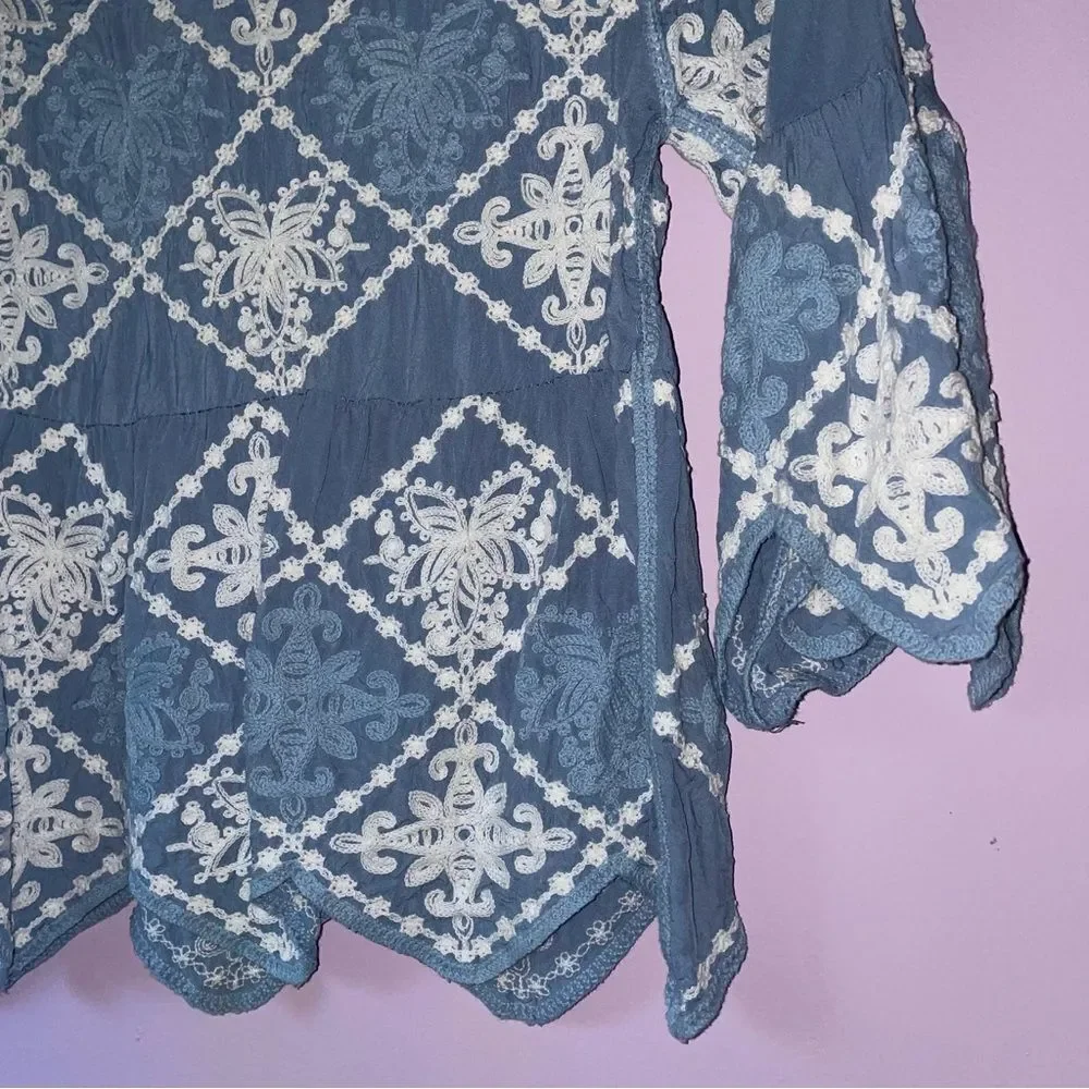 Anthropologie Kindred S Embroidered Boho Blouse Blue Top